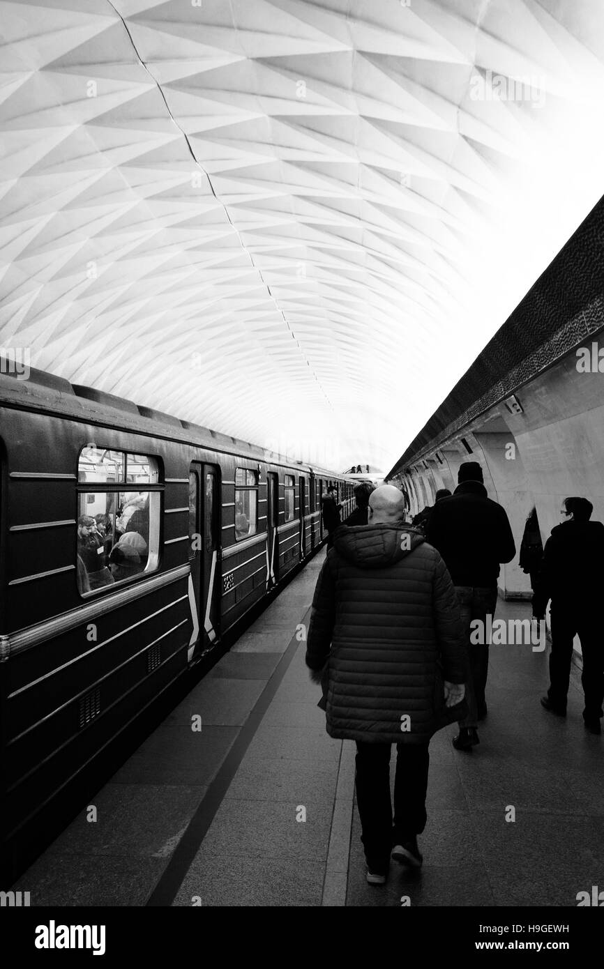 White ceiling over a subway in Moscow, Russia Stock Photo