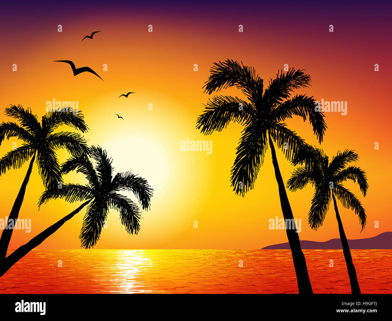 Sunrise on the sea. Background with sun , sea and palm tree Stock Photo ...