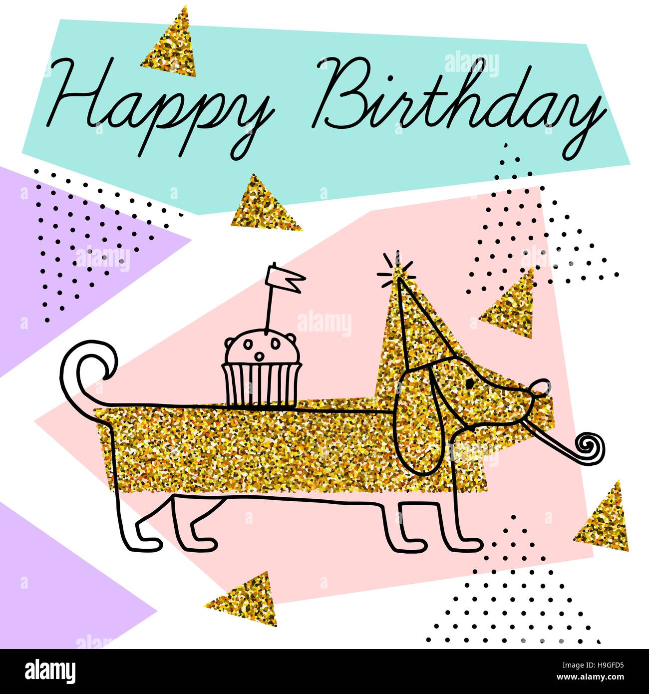 Vector Postcard Happy Birthday Isolated On White Background With Gold Glitter Cute Postcard With Cartoon Dog Texture And Geometric Shapes Stock Vector Image Art Alamy