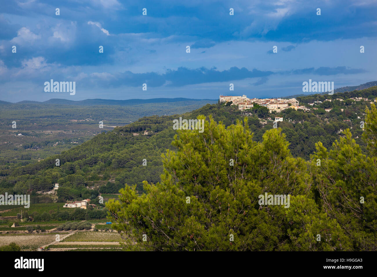 View over the French countryside and hilltop village Le Castellet, France Stock Photo