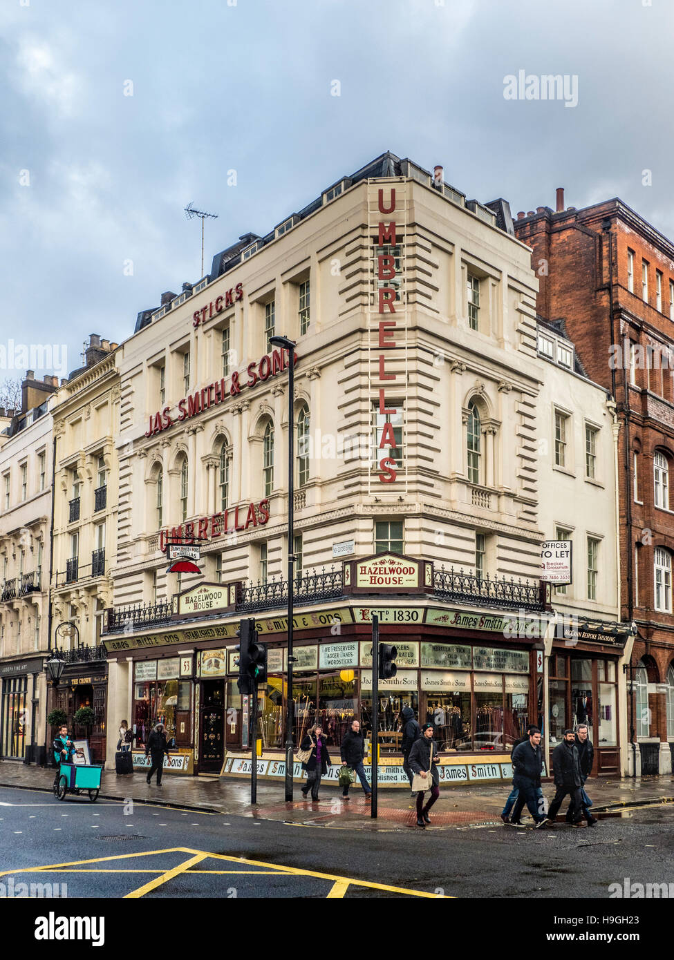 Traditional Victorian shop front of James Smith and Sons Umbrellas, New Oxford street, London, UK. Stock Photo