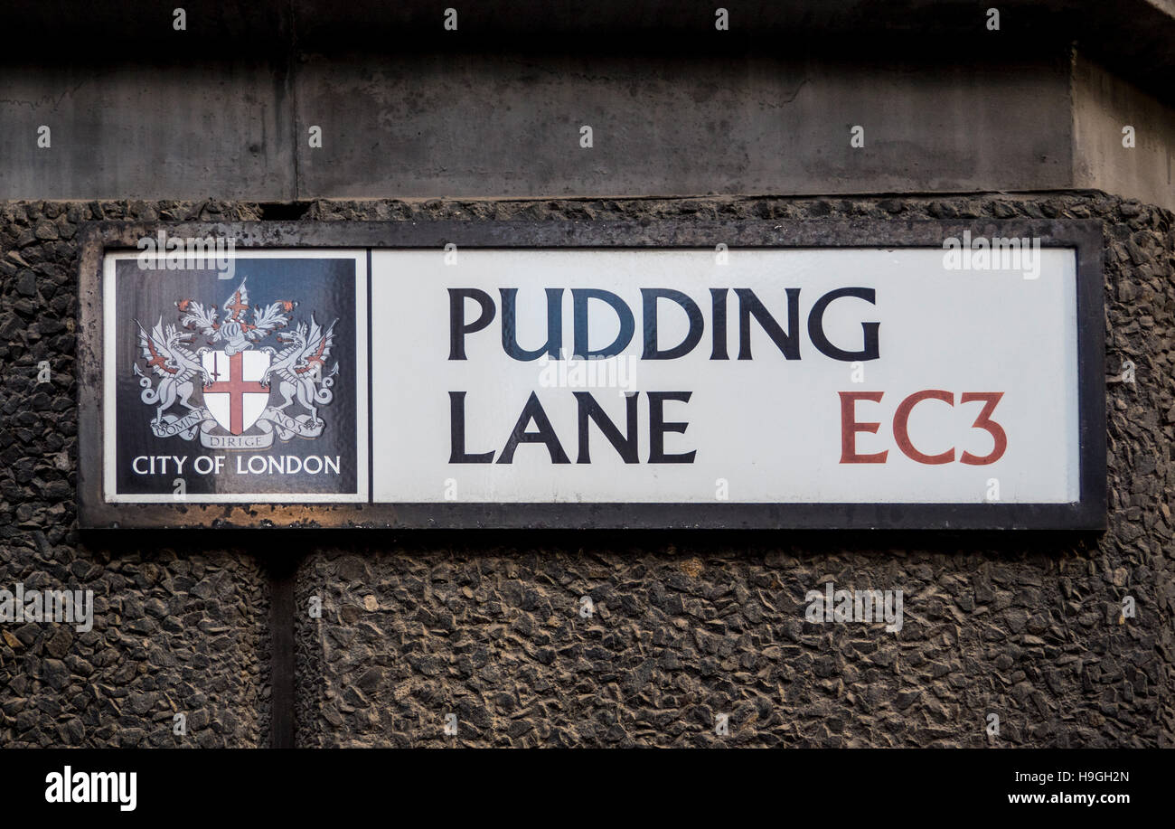 Pudding lane street name sign in London, UK, where the fire of London originally started Stock