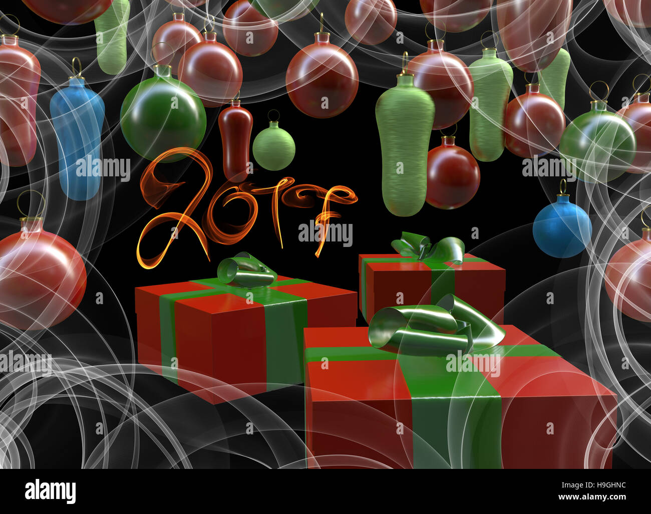 Christmas New Year colorful red and green gift boxes with bows of ribbons on background of colorful balls decorations . Greeting card with holiday tin Stock Photo