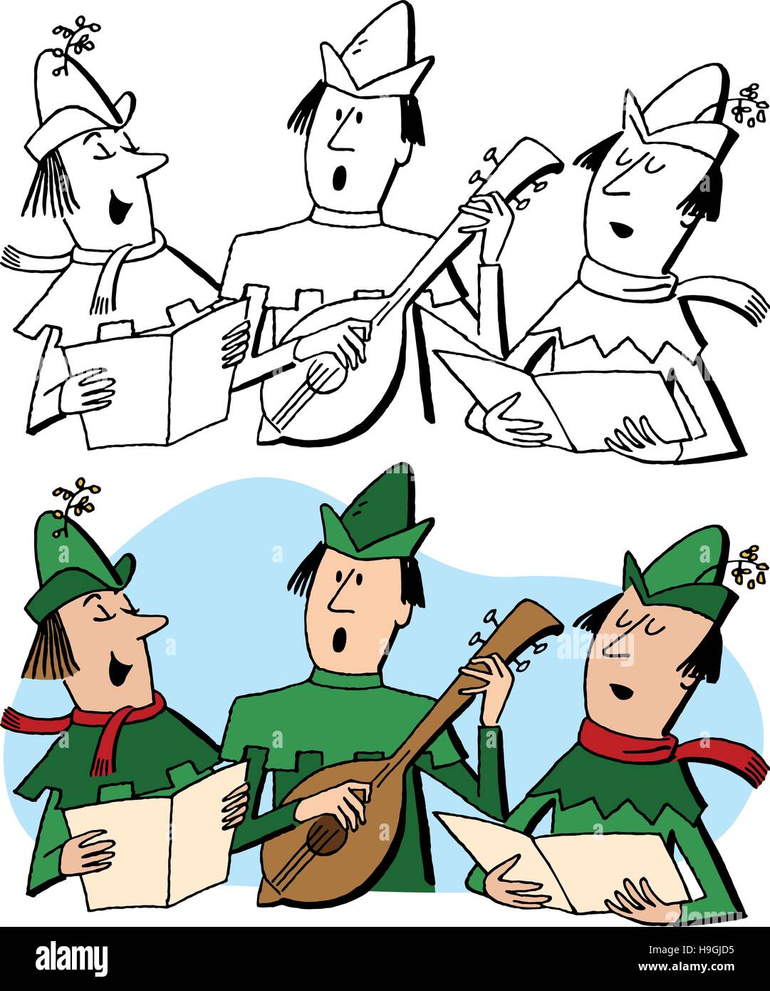 A trio of caroling elves singing Christmas songs Stock Vector