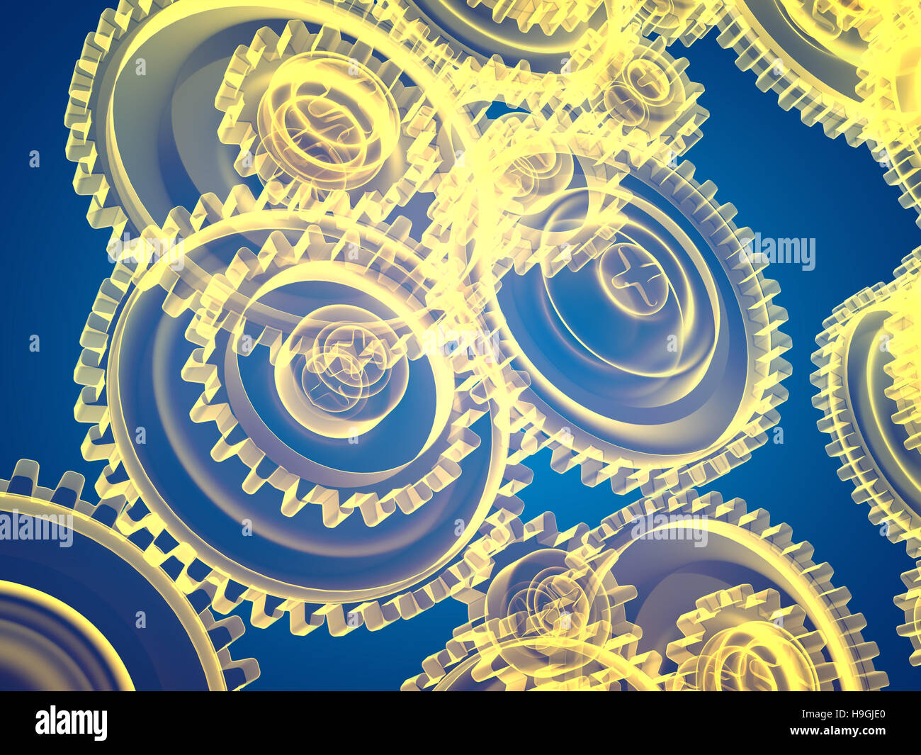 3d ilustration of gear wheels background, yellow and blue colors Stock Photo