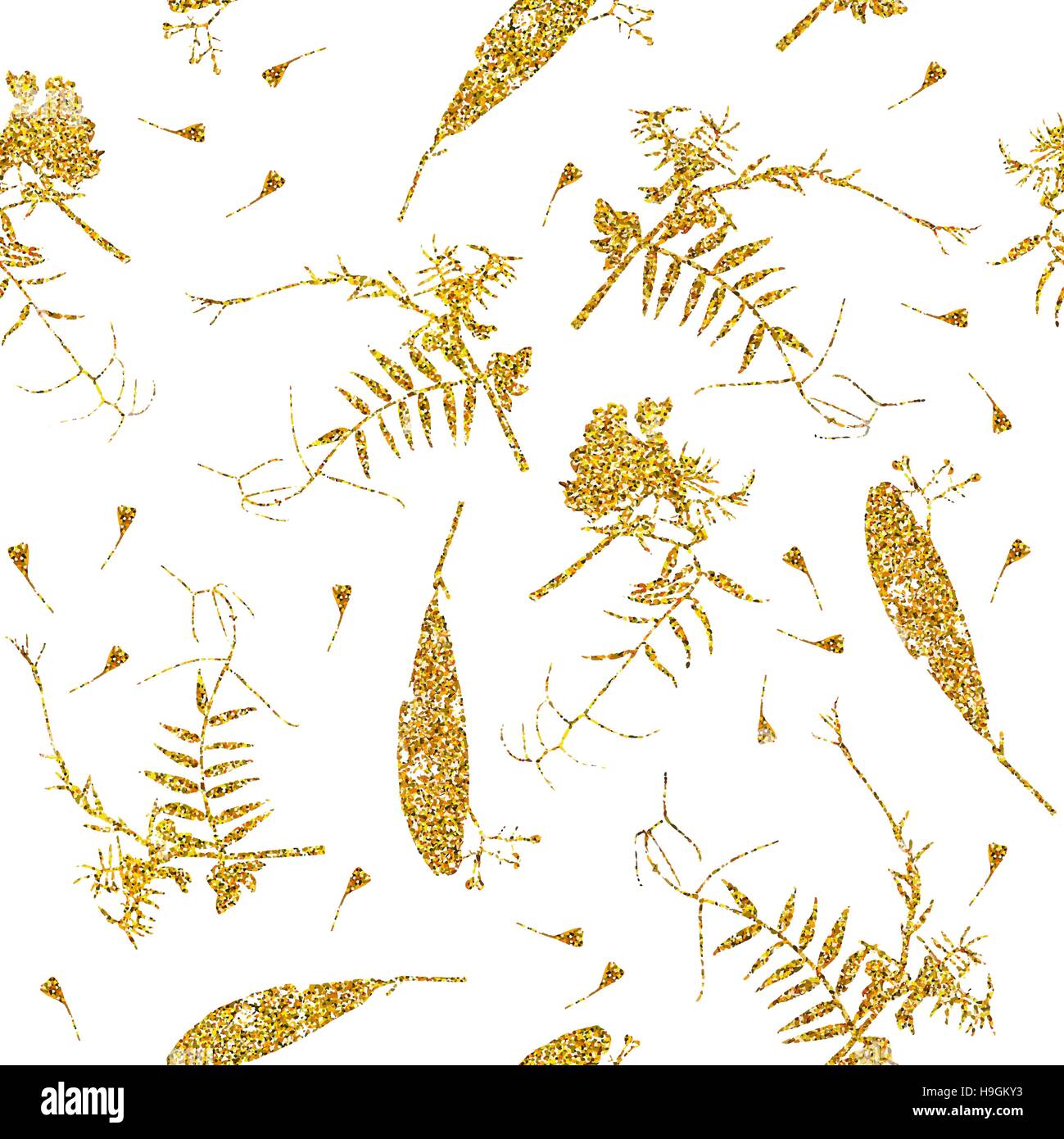 Vector seamless pattern with gold glitter and floral set isolated on ...