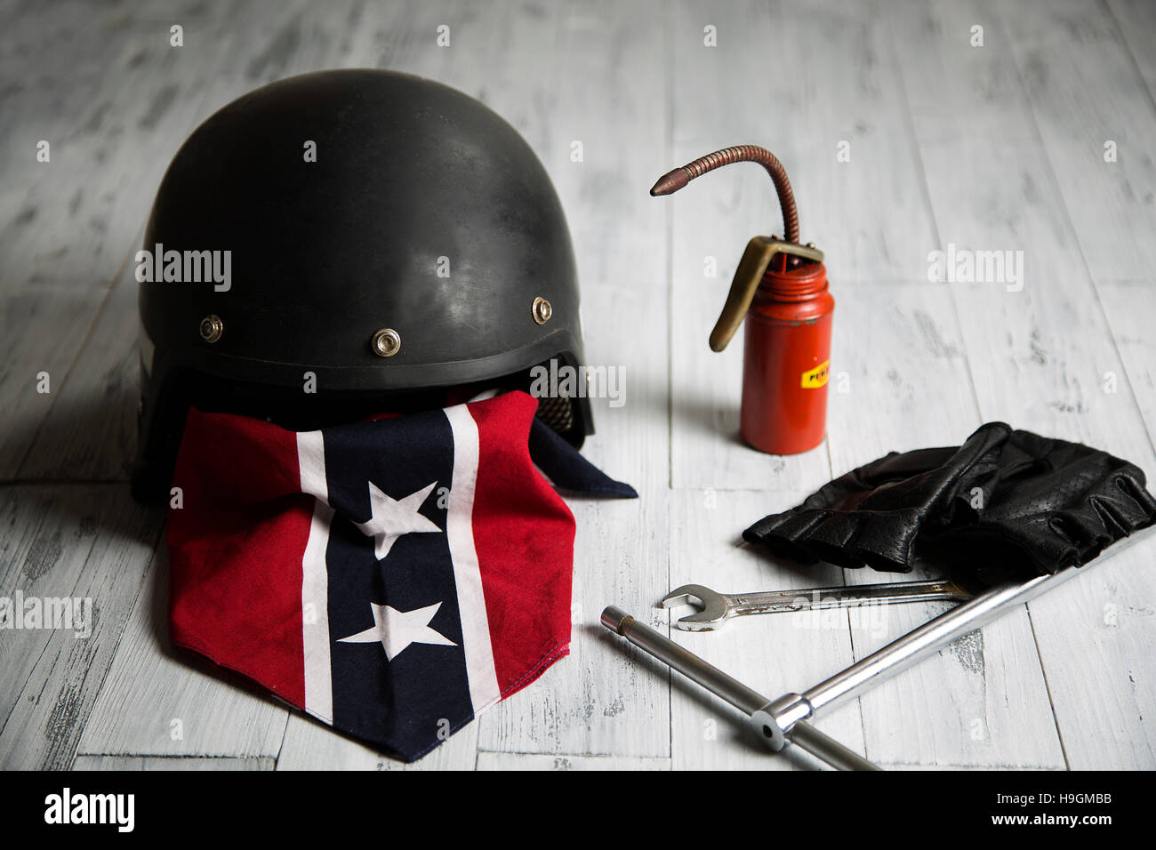 overhead of a set of vintage accessories for biker Stock Photo Alamy