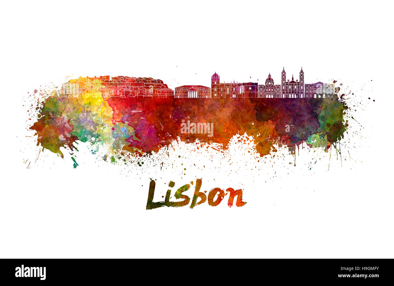 Lisbon skyline in watercolor splatters with clipping path Stock Photo