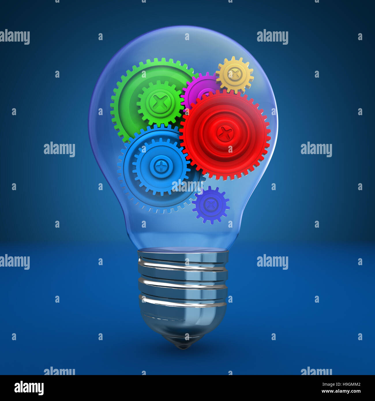 3d illustration of light bulb with colorful gear wheels inside, over blue background Stock Photo