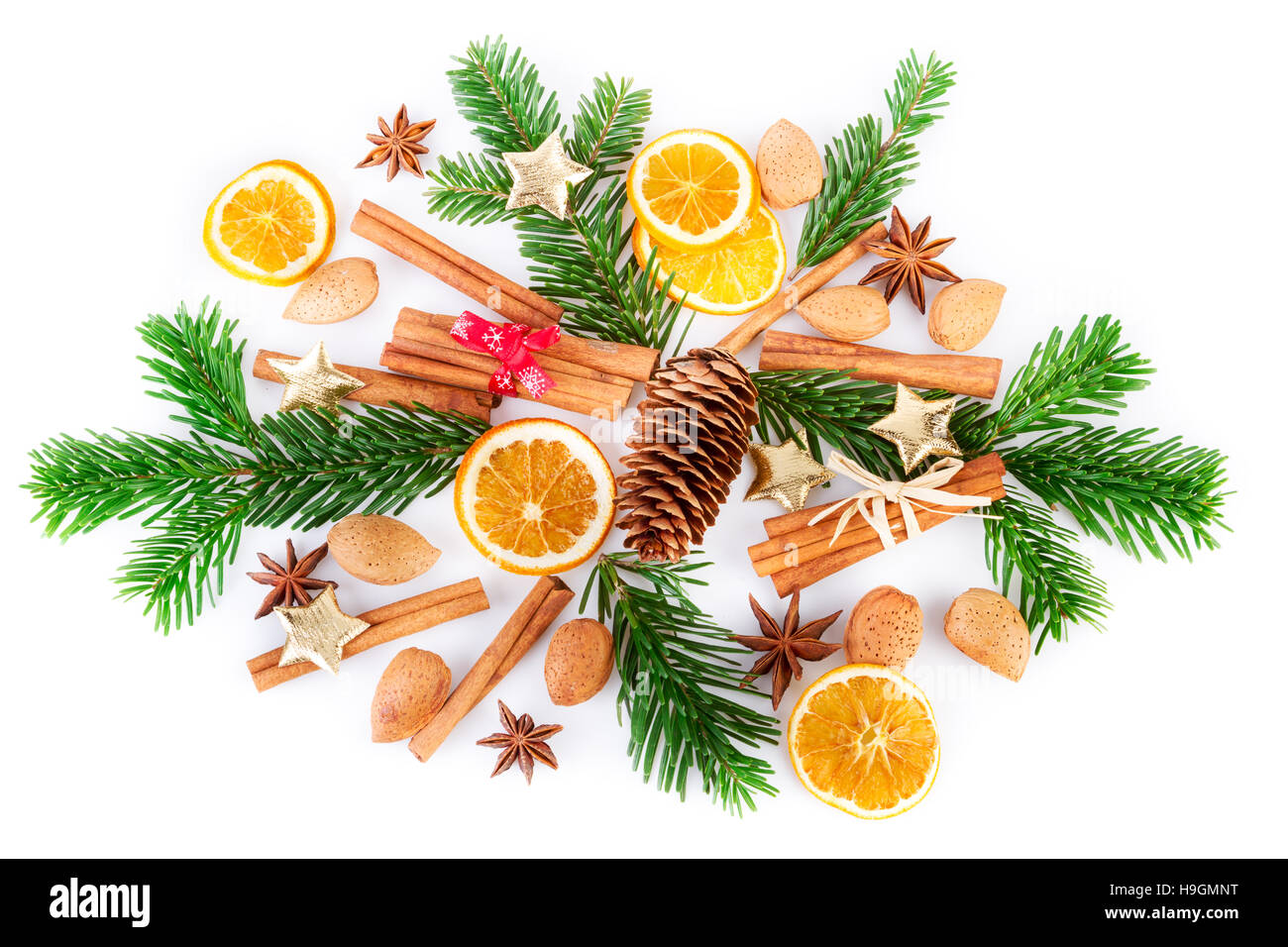 Christmas spices arrangement on white background. Flat lay, top view. Stock Photo