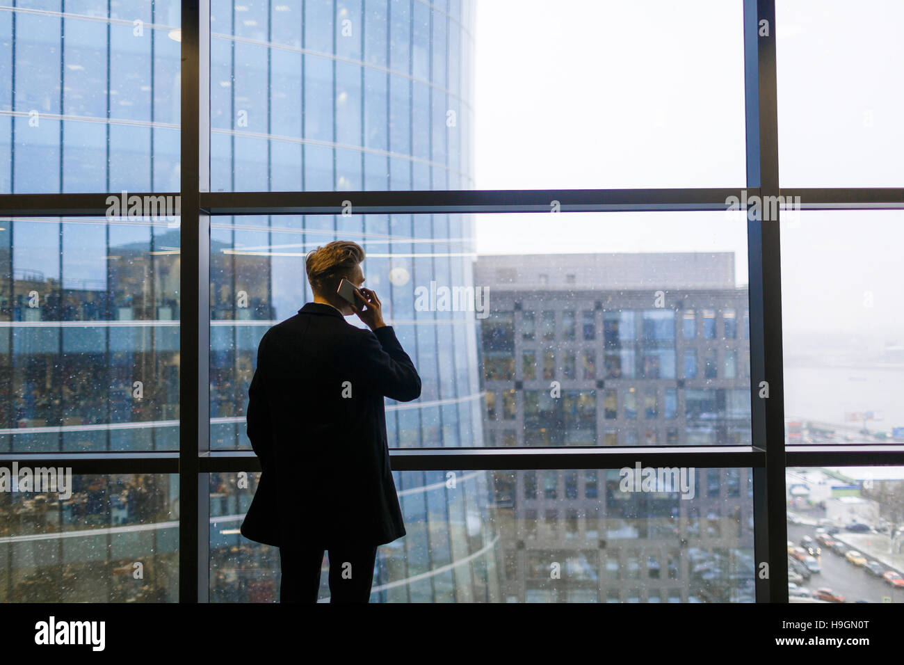 Rear view of young businessman speaking on mobile phone in front of ...