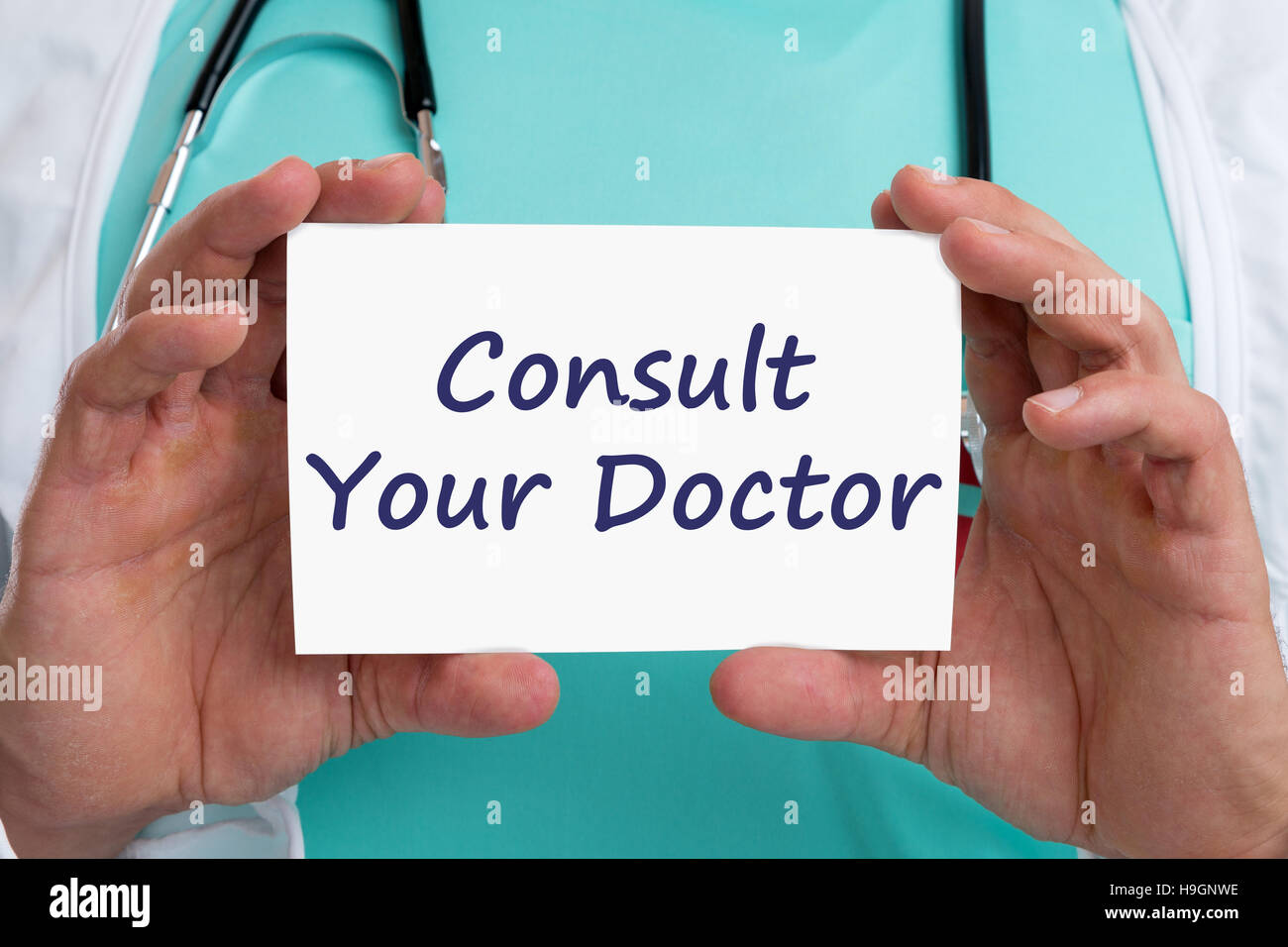 Ask consult your doctor ill illness healthy health check-up screening with sign Stock Photo