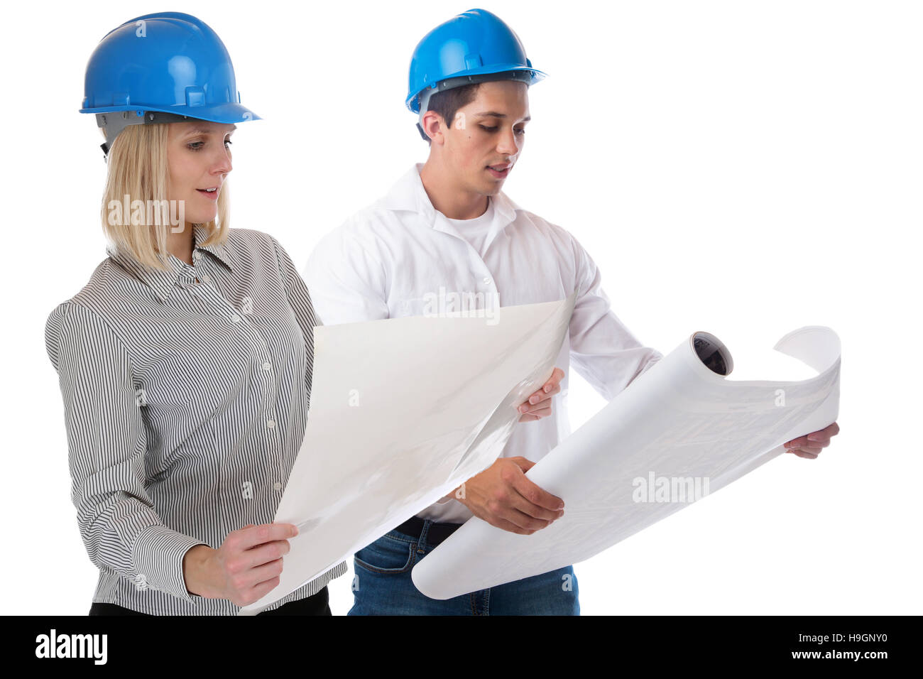 Architects architect reading plan occupation job isolated on a white background Stock Photo