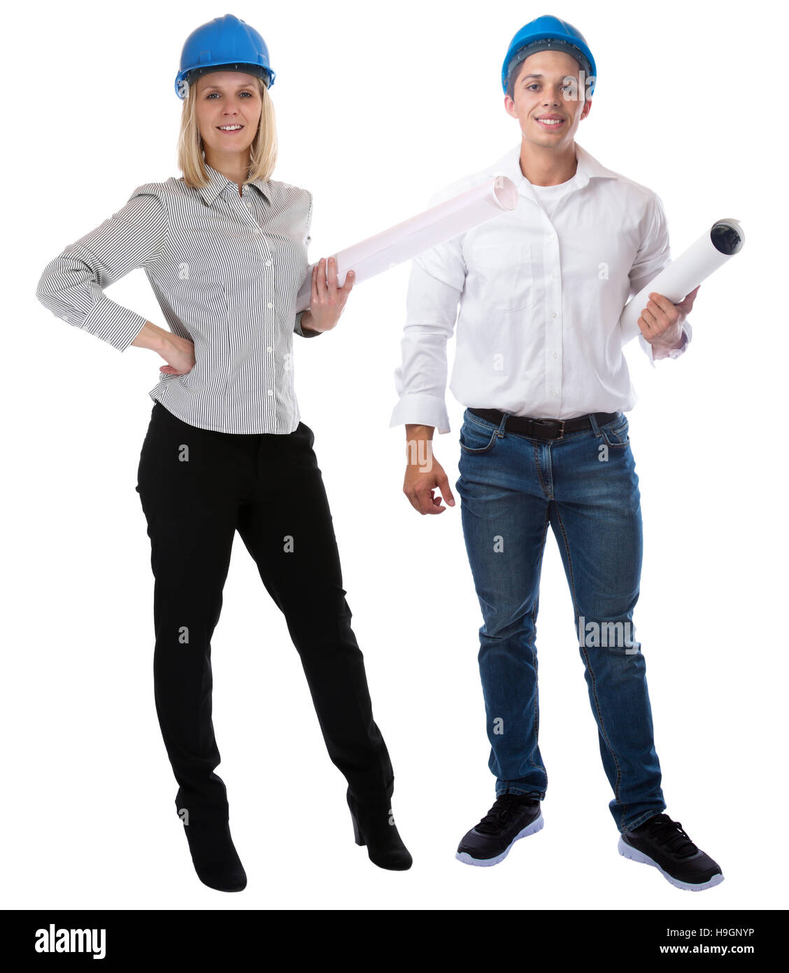 Young architects with plan standing full body occupation job isolated on a white background Stock Photo