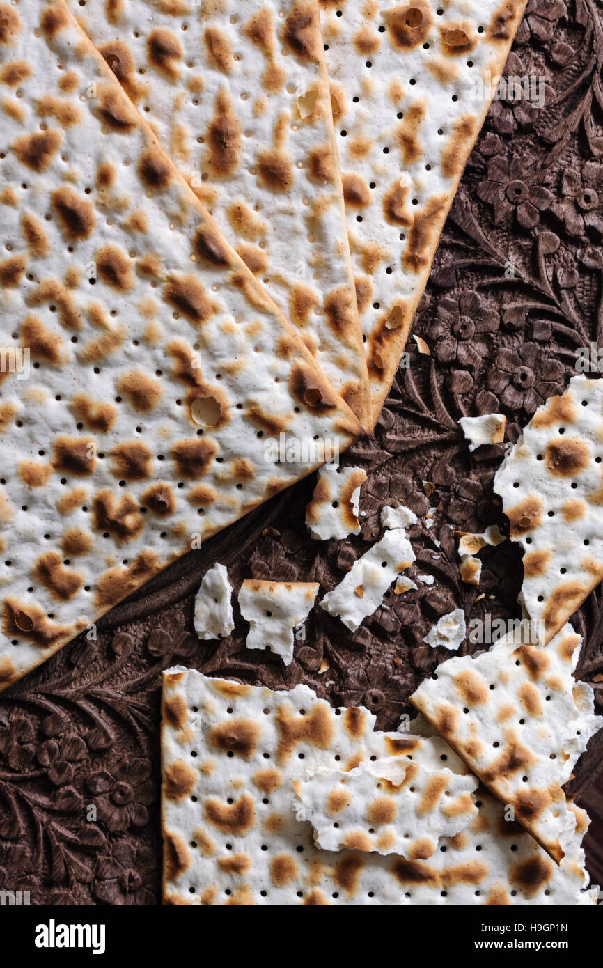 Matzah crackers traditionally eaten during the Jewish Passover holiday Stock Photo