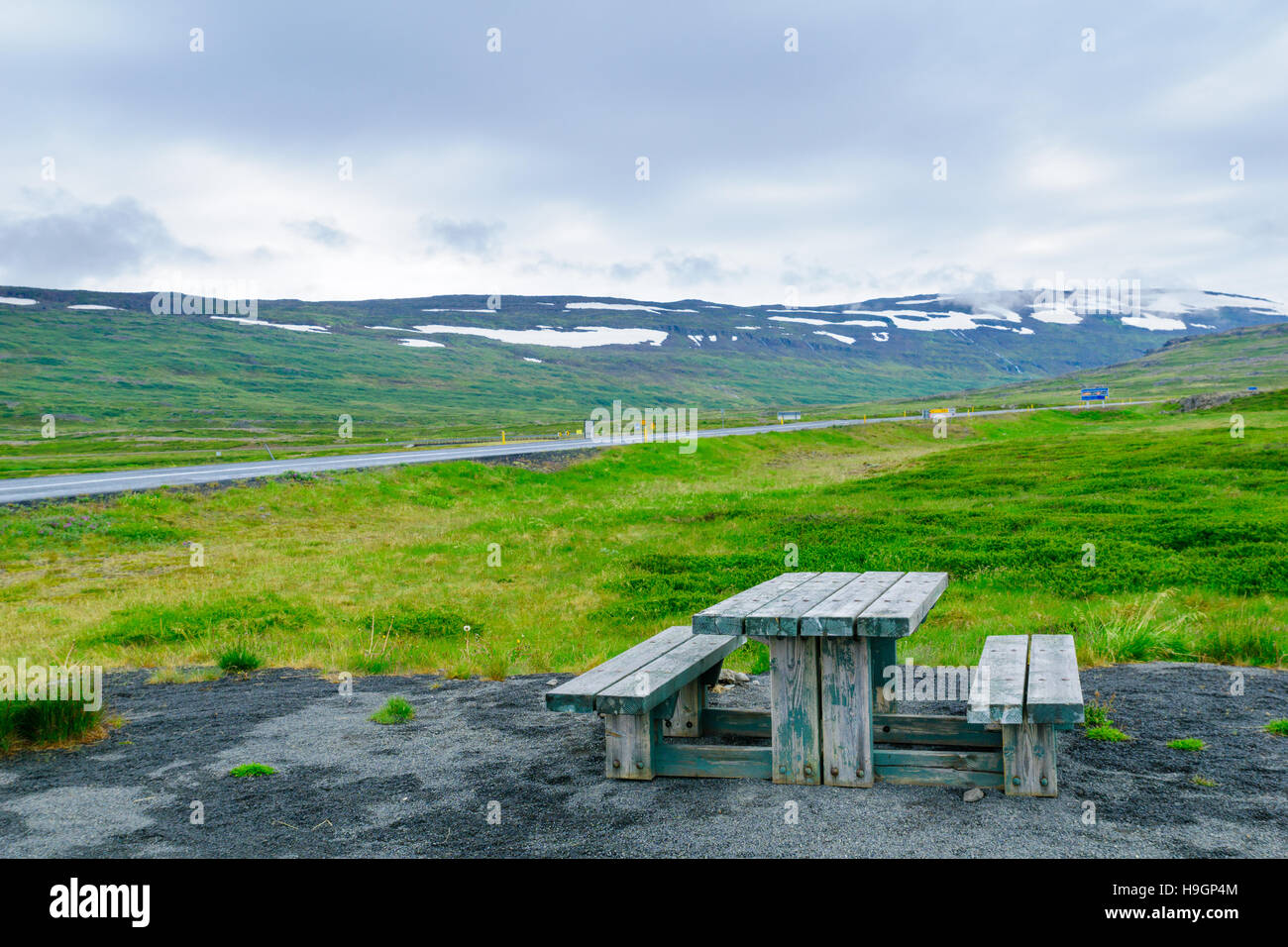 Picnic table and landscape near the Isafjordur fjord, in the west