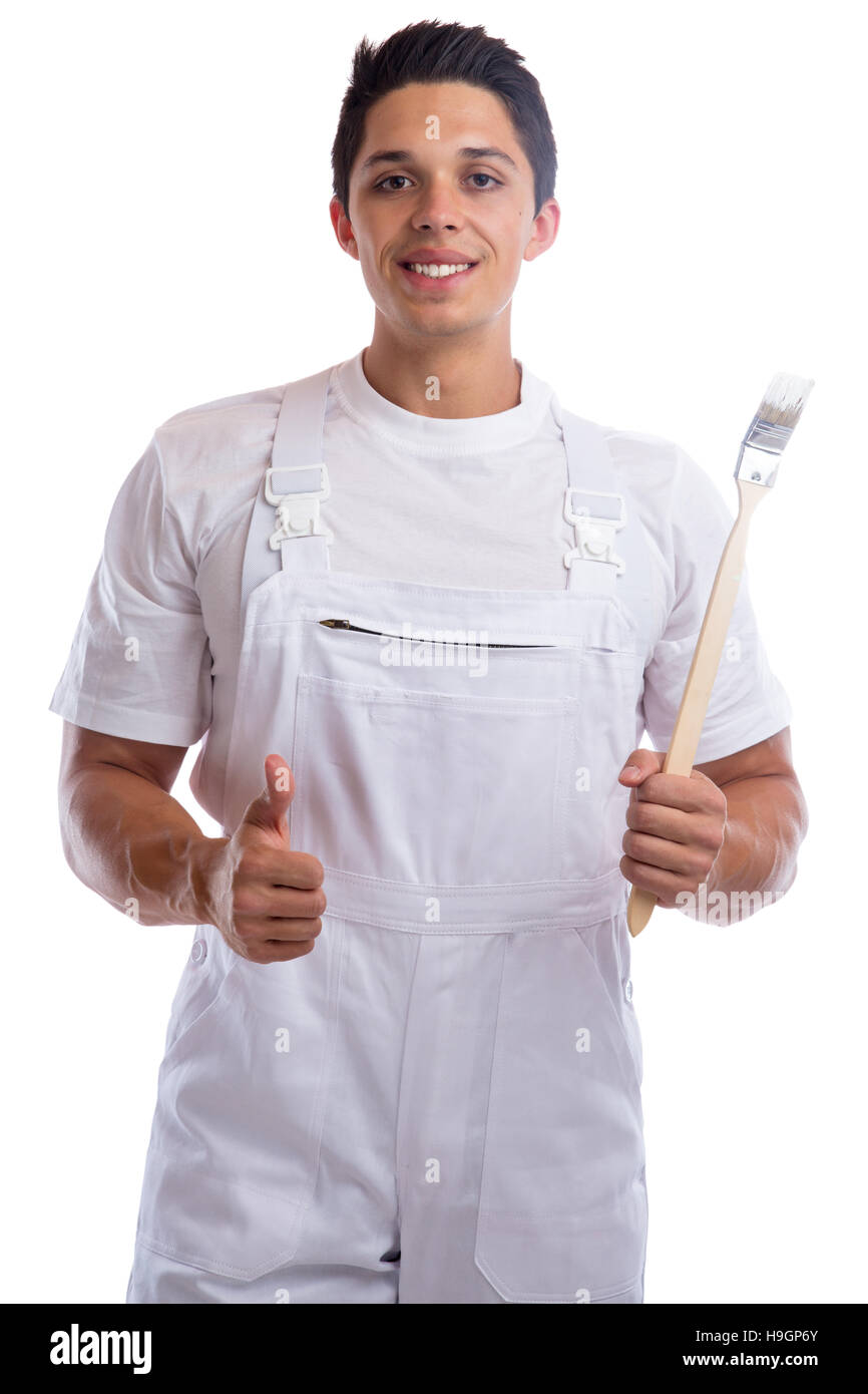 Young house painter and decorator apprentice thumbs up trainee man job