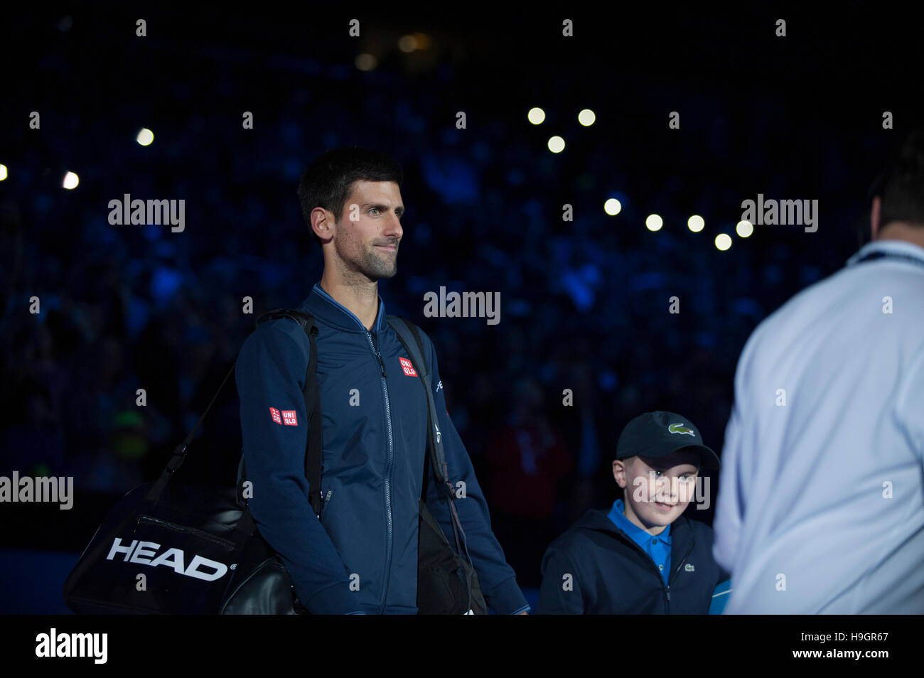 The O2, 20th Nov 2016. Novak Djokovic enters centre court for his Finals match with Murray. © sportsimages. Stock Photo