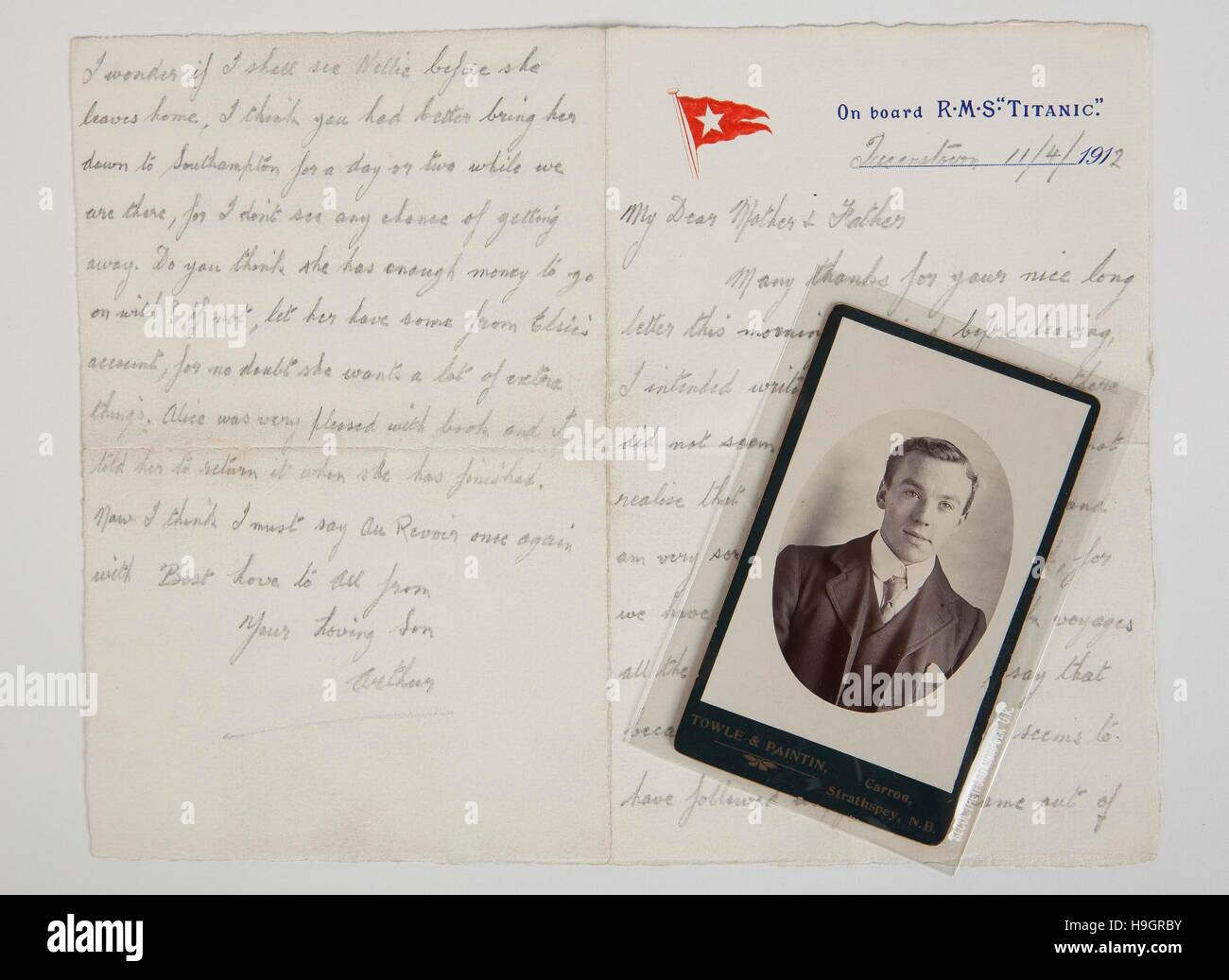 An extremely rare letter written by James Paintin, steward to Titanic captain E.J. Smith, along with a photograph of Paintin that is being auctioned off at Henry Aldridge & Son auction house in Devizes, Wiltshire, in one of their 100th Anniversary Titanic sales this Saturday. 27 March 2012.  Photo by Adam Gasson. Stock Photo