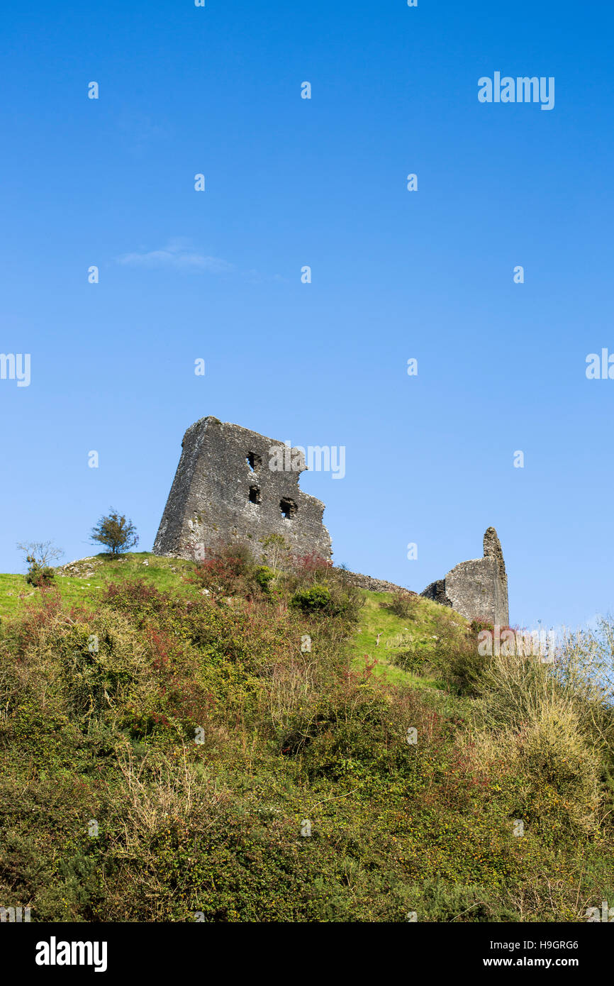 General view of Dryslwyn Castle in Carmarthenshire, Wales on a sunny day with blue skies. Stock Photo