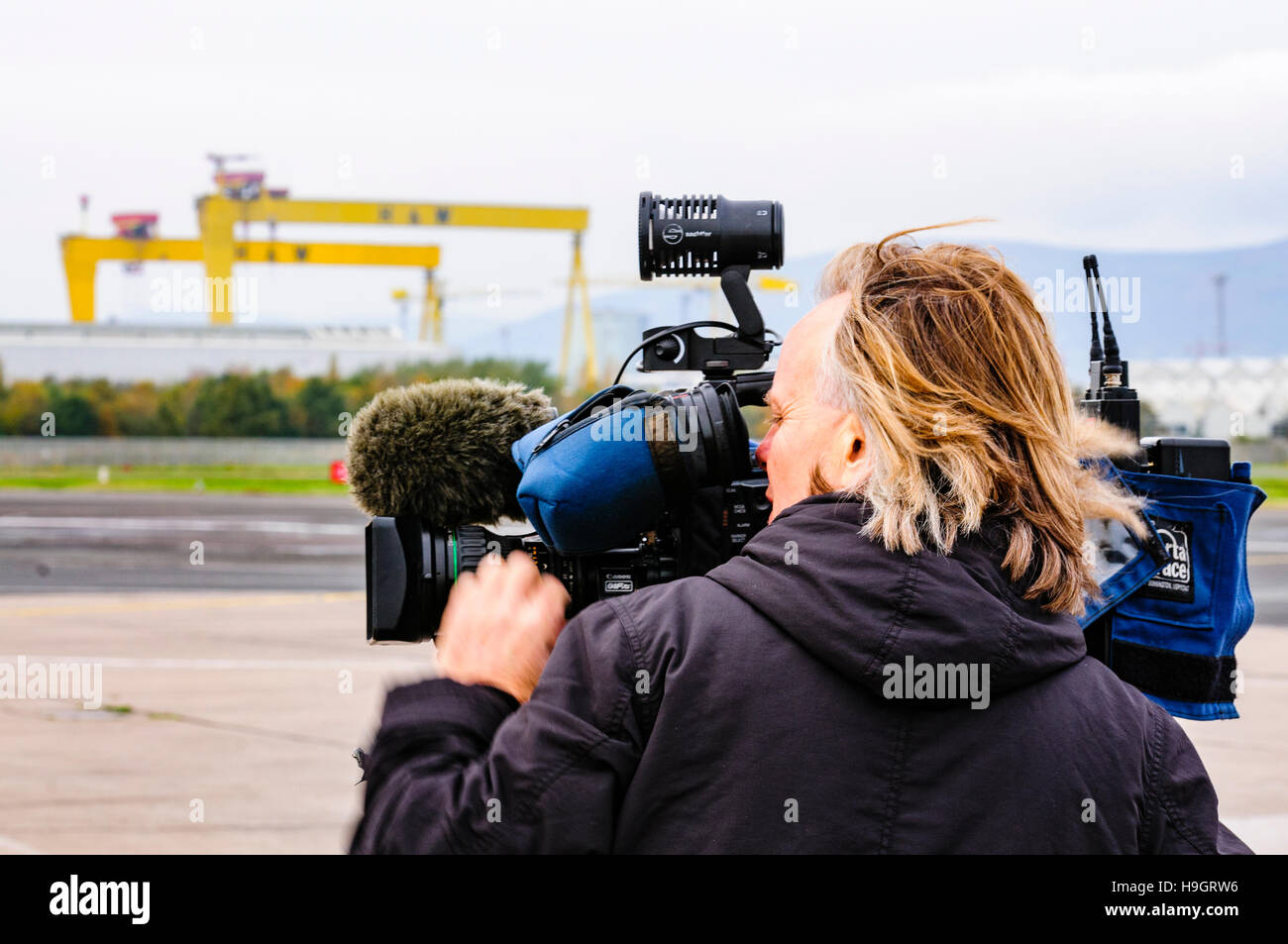 Television cameraman films the yellow cranes of Harland and Wolff, Belfast Stock Photo