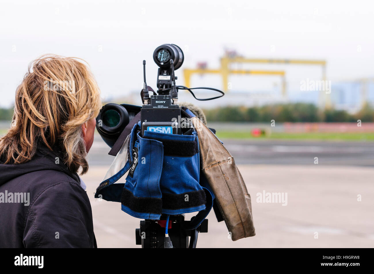 Television cameraman films the yellow cranes of Harland and Wolff, Belfast Stock Photo
