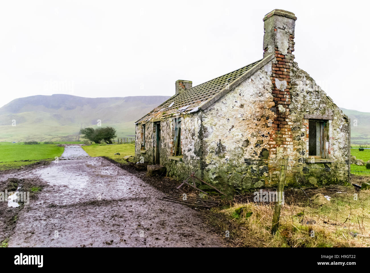 An old abandoned Irish farmhouse at the foot of Sallagh Brae, County Antrim, Northern Ireland. Stock Photo
