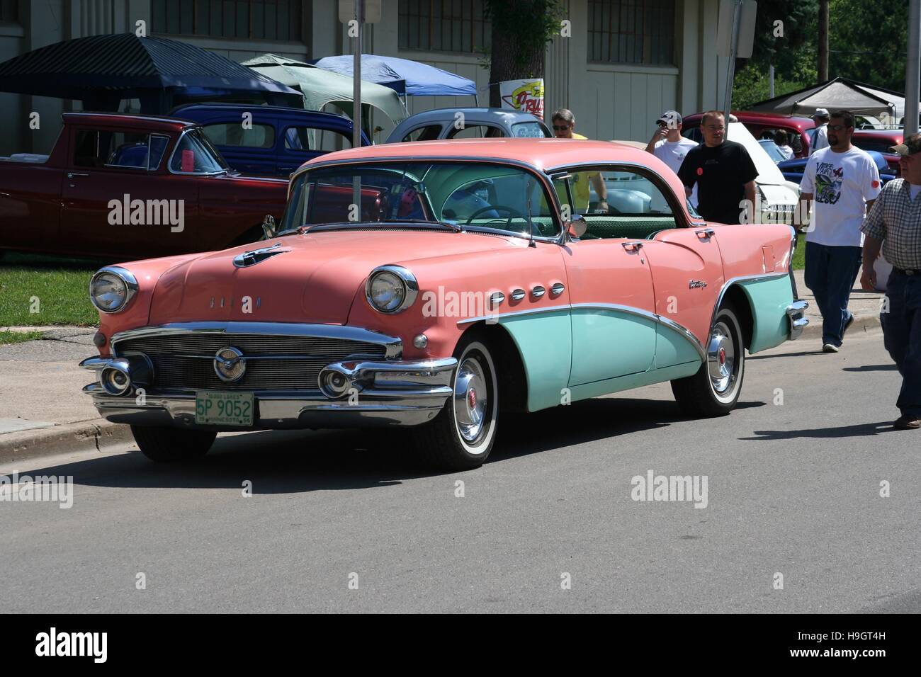 A 1956 coral pink and aqua green Buick Century Hardtop at the 'Back to the 50's Car Show' on the Minnesota State Fairgrounds Stock Photo