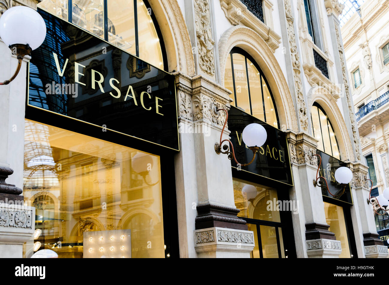 Versace shop in Galleria Vittorio Emanuele II, a shopping arcade specialising in designer clothing, Milan, Italy. Stock Photo