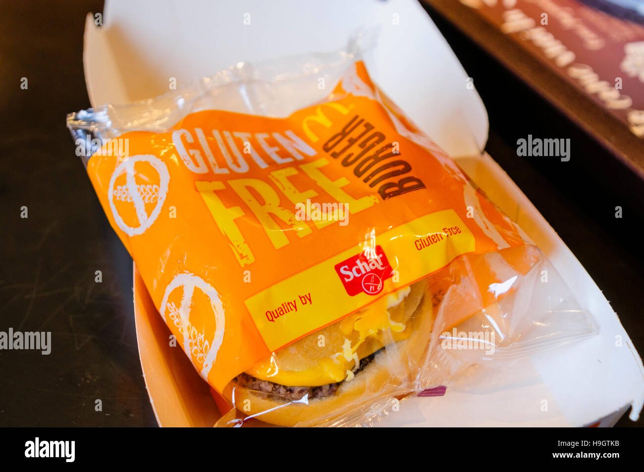 Gluten Free burger from McDonalds, made by Schar Stock Photo