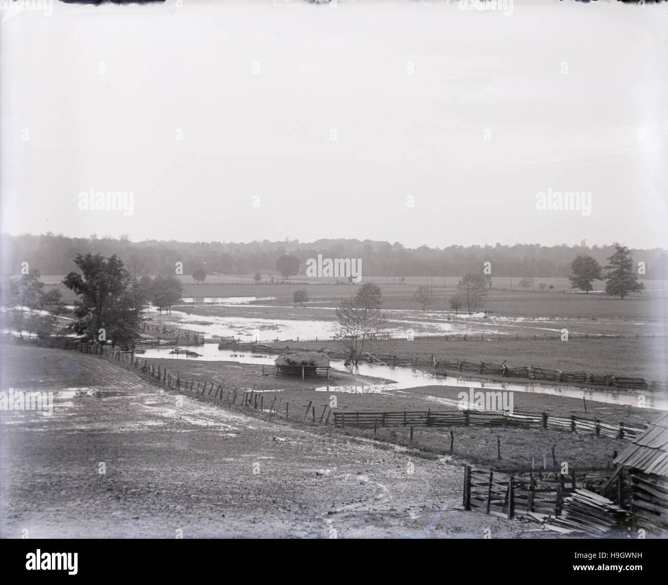 Antique c1900 photograph, flooded fields and pastureland. Location unknown, probably midwest (Indiana or Ohio) USA. SOURCE: ORIGINAL PHOTOGRAPHIC NEGATIVE. Stock Photo