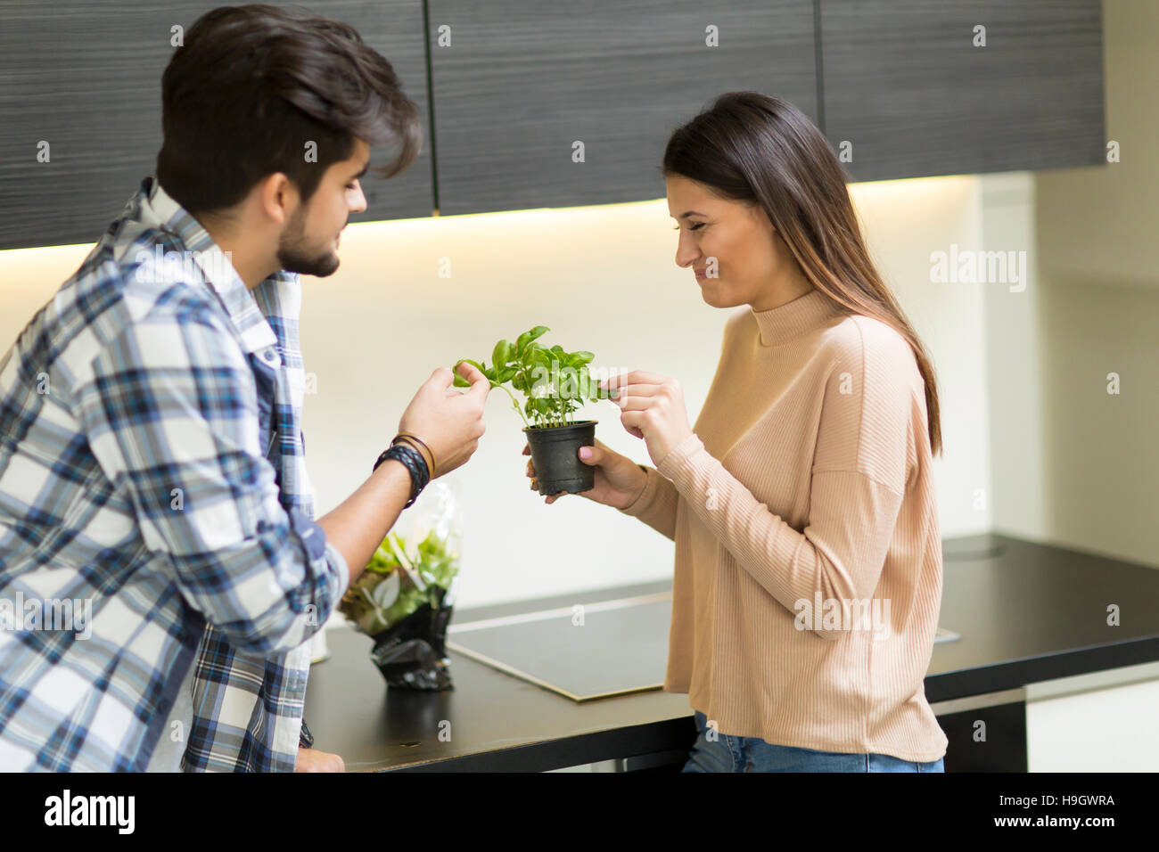 Happy young couple preparing food in the kitchen Stock Photo