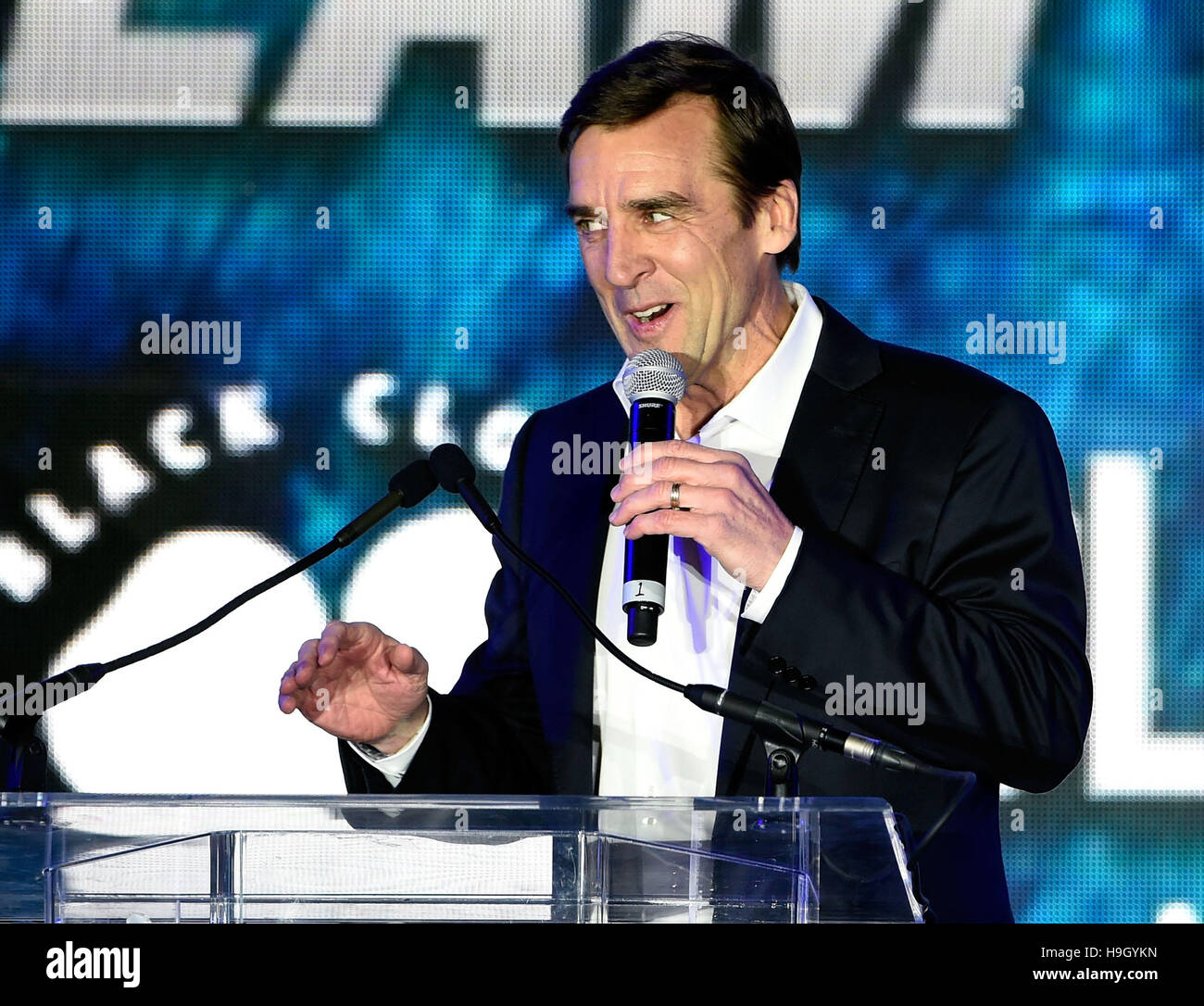 Las Vegas, Nevada, USA. 22nd Nov, 2016. General manager George McPhee speaks before the Vegas Golden Knights is announced as the name for the new Las Vegas NHL franchise at T-Mobile Arena on November 22, 2016 in Las Vegas, Nevada. The team will begin play in the 2017-18 season. © David Becker/ZUMA Wire/Alamy Live News Stock Photo