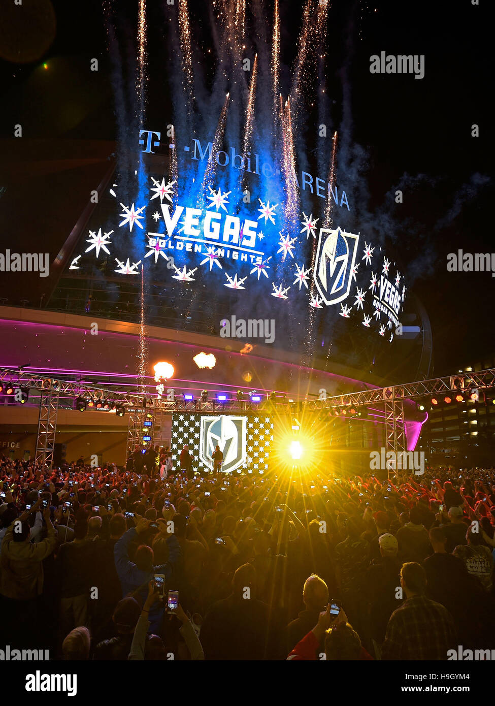 Las Vegas, Nevada, USA. 22nd Nov, 2016. Pyrotechnics and streamers are fired into the air as the Vegas Golden Knights is announced as the name for the Las Vegas NHL franchise at T-Mobile Arena on November 22, 2016 in Las Vegas, Nevada. The team will begin play in the 2017-18 season. © David Becker/ZUMA Wire/Alamy Live News Stock Photo