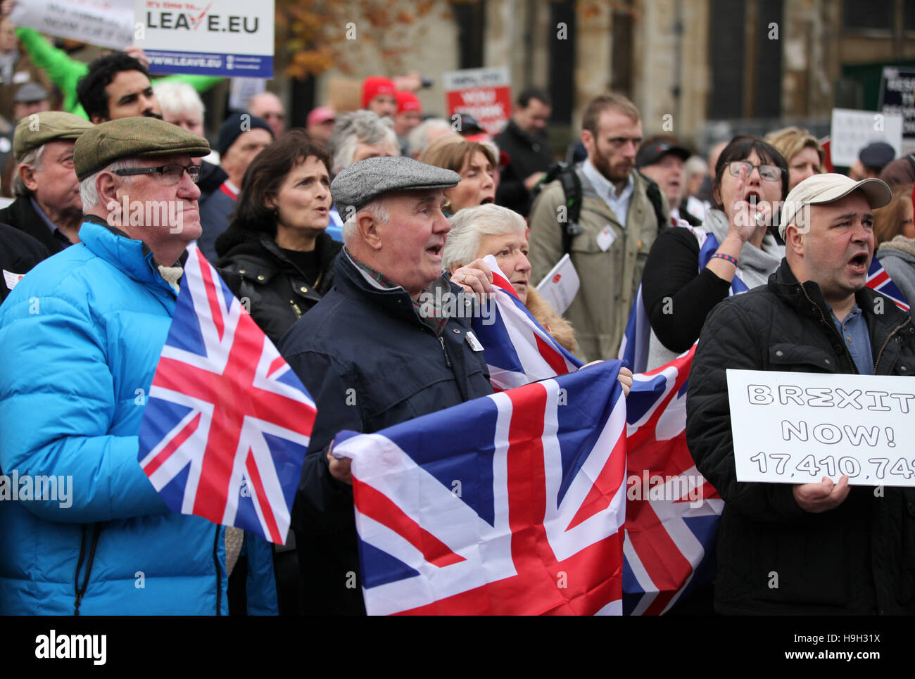 London, UK. 23rd Nov, 2016. Hundreds of Pro-Brexit campaigners demonstrate in Old Yard Palace, opposite Parliament in Westminster against the High Court ruling on Brexit, that the British Parliament must be given a say on Brexit before article 50 can be invoked. The protest was timed to coincide with Chancellor Philip Hammond’s Autumn Statement, with organisers claiming “the world’s media will be covering the event, giving the 52% [who voted for Brexit] maximum exposure to make their voices heard”. Credit:  Dinendra Haria/Alamy Live News Stock Photo