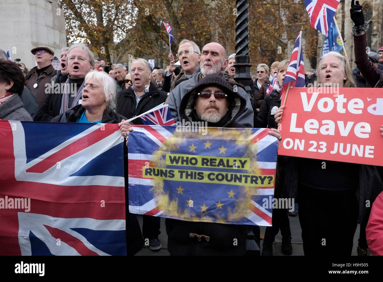 London, UK. 23rd November 2016. Pro Brexit protest outside the House of Commons London, calling on Prime Minister Theresa May to trigger Article 50. Credit:  claire doherty/Alamy Live News Stock Photo
