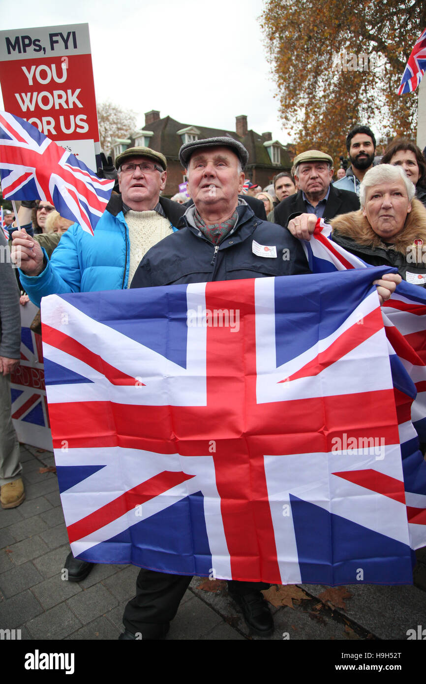 London, UK. 23rd Nov, 2016. Hundreds of Pro-Brexit campaigners demonstrate in Old Yard Palace, opposite Parliament in Westminster against the High Court ruling on Brexit, that the British Parliament must be given a say on Brexit before article 50 can be invoked. The protest was timed to coincide with Chancellor Philip Hammond’s Autumn Statement, with organisers claiming “the world’s media will be covering the event, giving the 52% [who voted for Brexit] maximum exposure to make their voices heard”. Credit:  Dinendra Haria/Alamy Live News Stock Photo