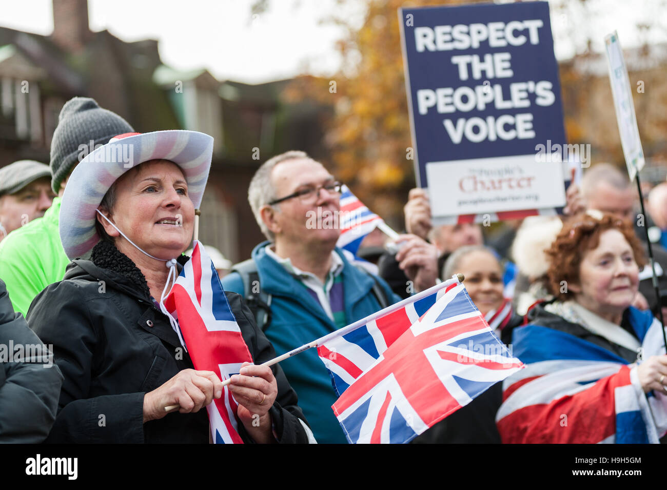 London, UK. 23rd November 2016. Hundreds of pro-Brexit supporters gather to demonstrate outside Houses of Parliament on the day of the Autumn Statement. The main focus of the protest was to demand immediate triggering of Article 50 by the Prime Minister Theresa May and to oppose the recent High Court ruling to give MPs the final decision on the matter. The protesters call on the judges, government and MPs to respect and act on the result of the EU referendum where 52% voted to leave the European Union. Wiktor Szymanowicz/Alamy Live News Stock Photo