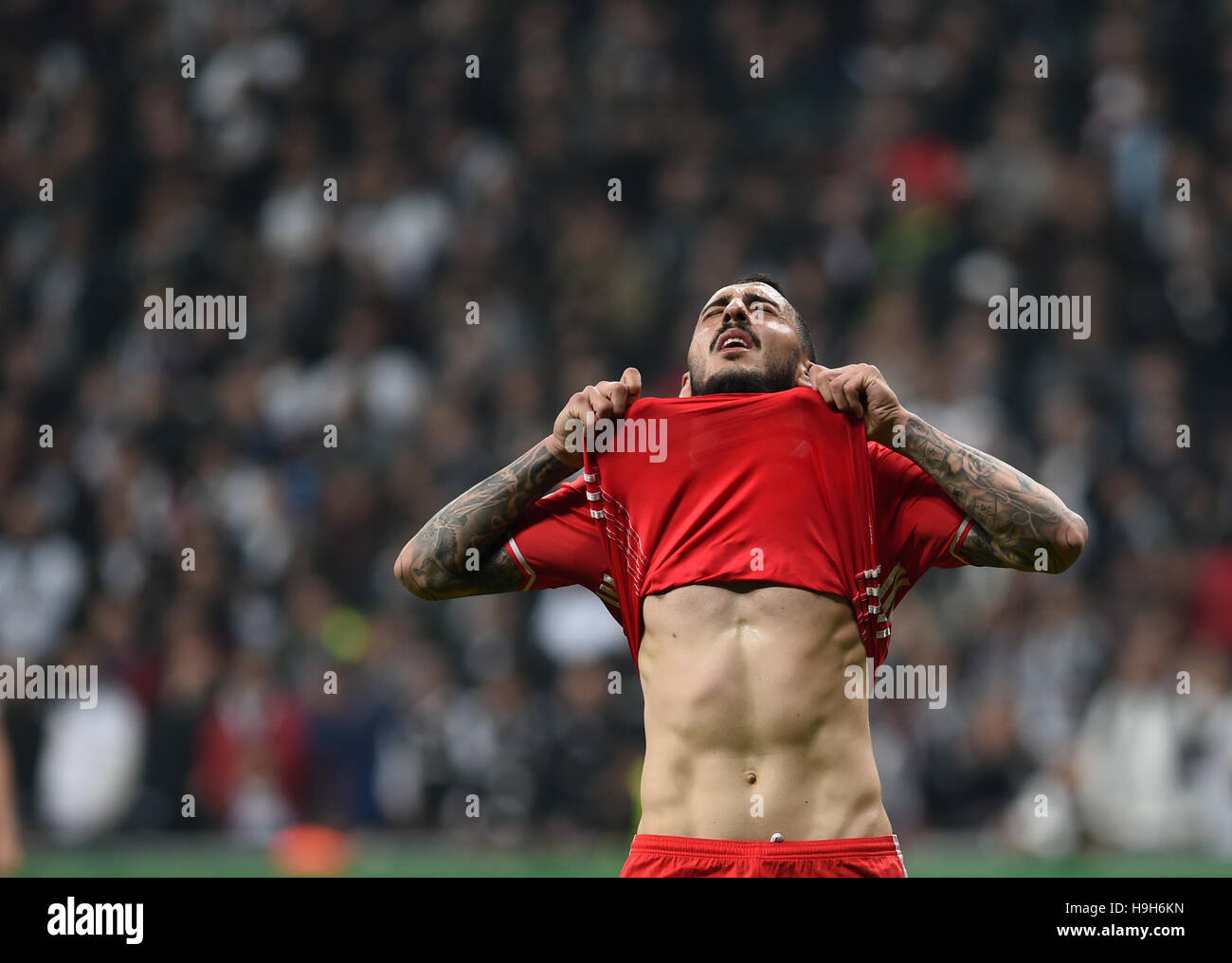 Istanbul, Turkey. 24th Nov, 2016. Benfica player Kostas Mitroglou reacts during the UEFA Champions League Group B match between Turkey's Besiktas and Portugal's Benfica in Istanbul, Turkey, on Nov. 23, 2016. The match ended with a 3-3 draw. (Xinhua/He Canling)(wll) Stock Photo