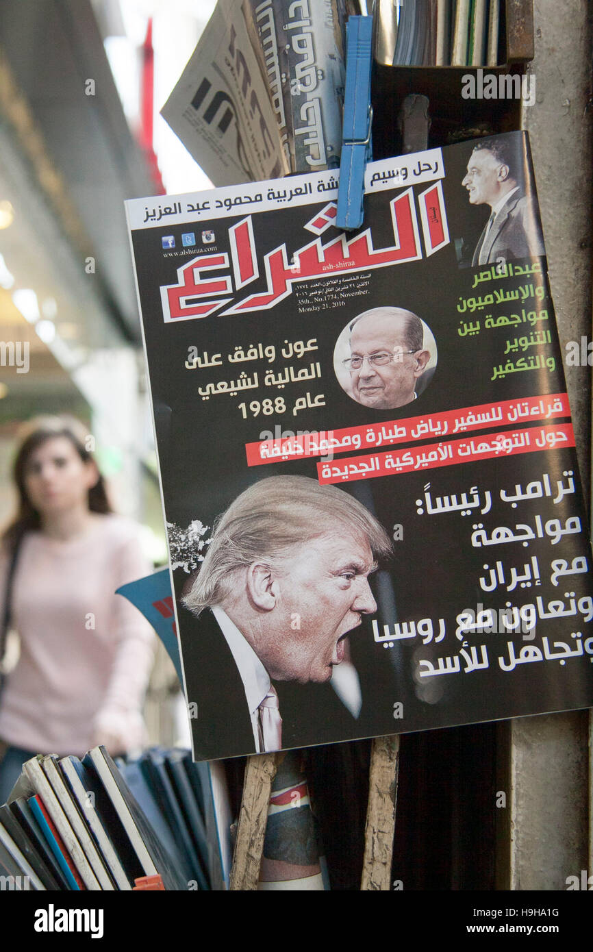 Beirut, Lebanon . 24th November 2016. A picture of US President elect Donald Trump is featured on the fornt cover of Arabic magazines at newstands in Beirut Credit:  amer ghazzal/Alamy Live News Stock Photo