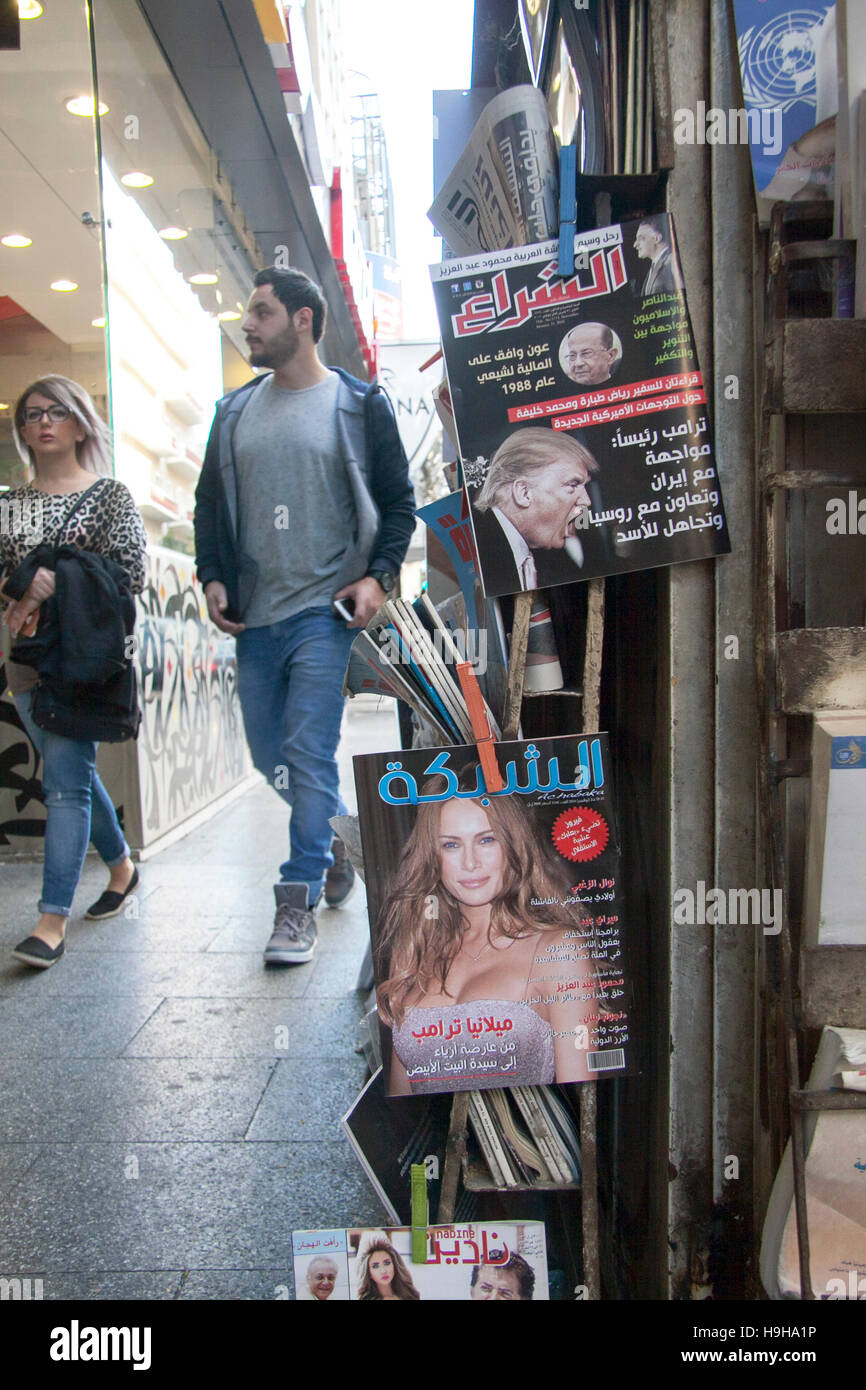 Beirut, Lebanon . 24th November 2016. A picture of US President elect Donald Trump and Melania Trump is featured on the front cover of Arabic magazines at newstands in Beirut Credit:  amer ghazzal/Alamy Live News Stock Photo
