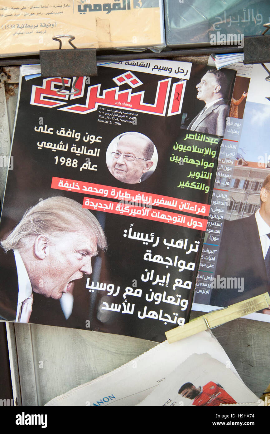 Beirut Lebanon. 24th November 2016. US President elect Donald Trump is featured on the front cover of Arabic magazines at newstands in Beirut Credit: © amer ghazzal/Alamy Live News  Stock Photo