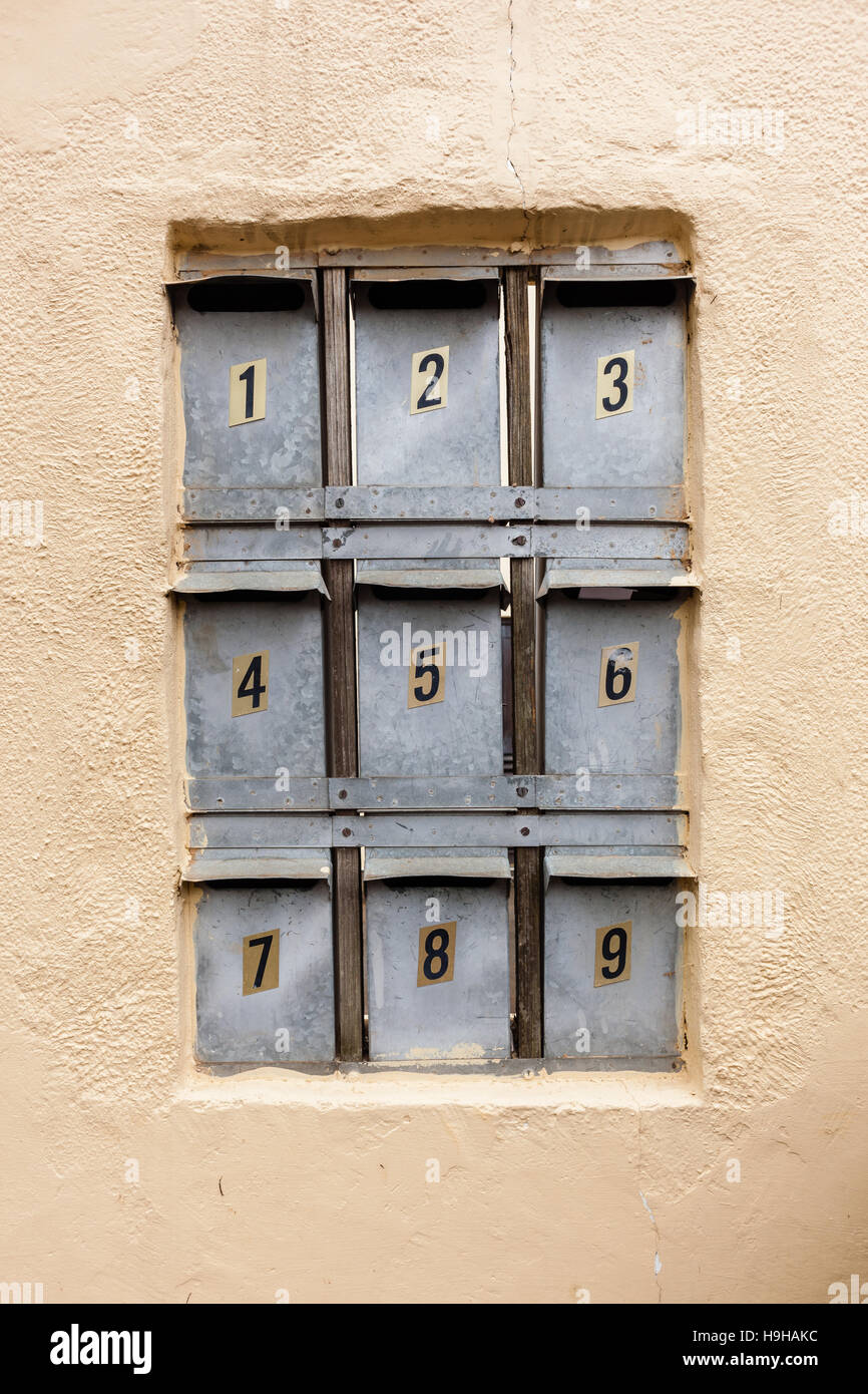 View of Mail post box's metal design in outside wall for flats apartment condos ...