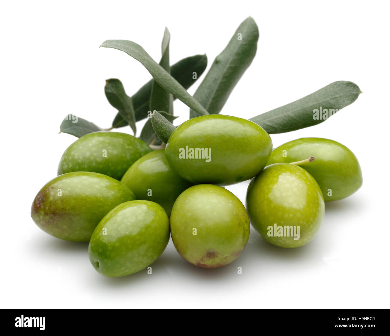 Green Olive with green leaves isolated on white background. Stock Photo