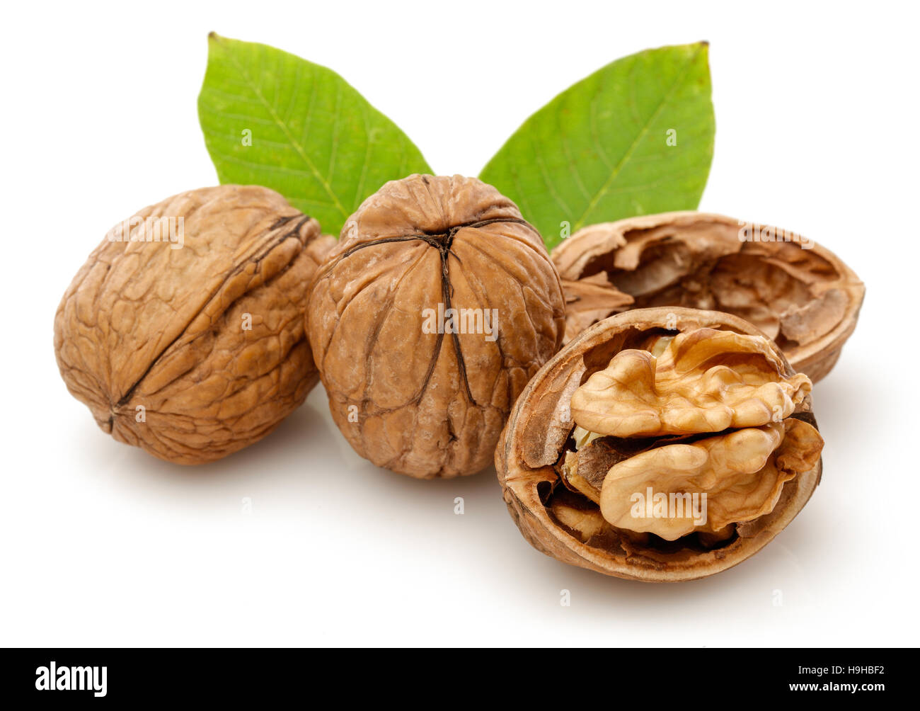 Half walnut kernel and whole walnut. Isolated on a white background Stock Photo