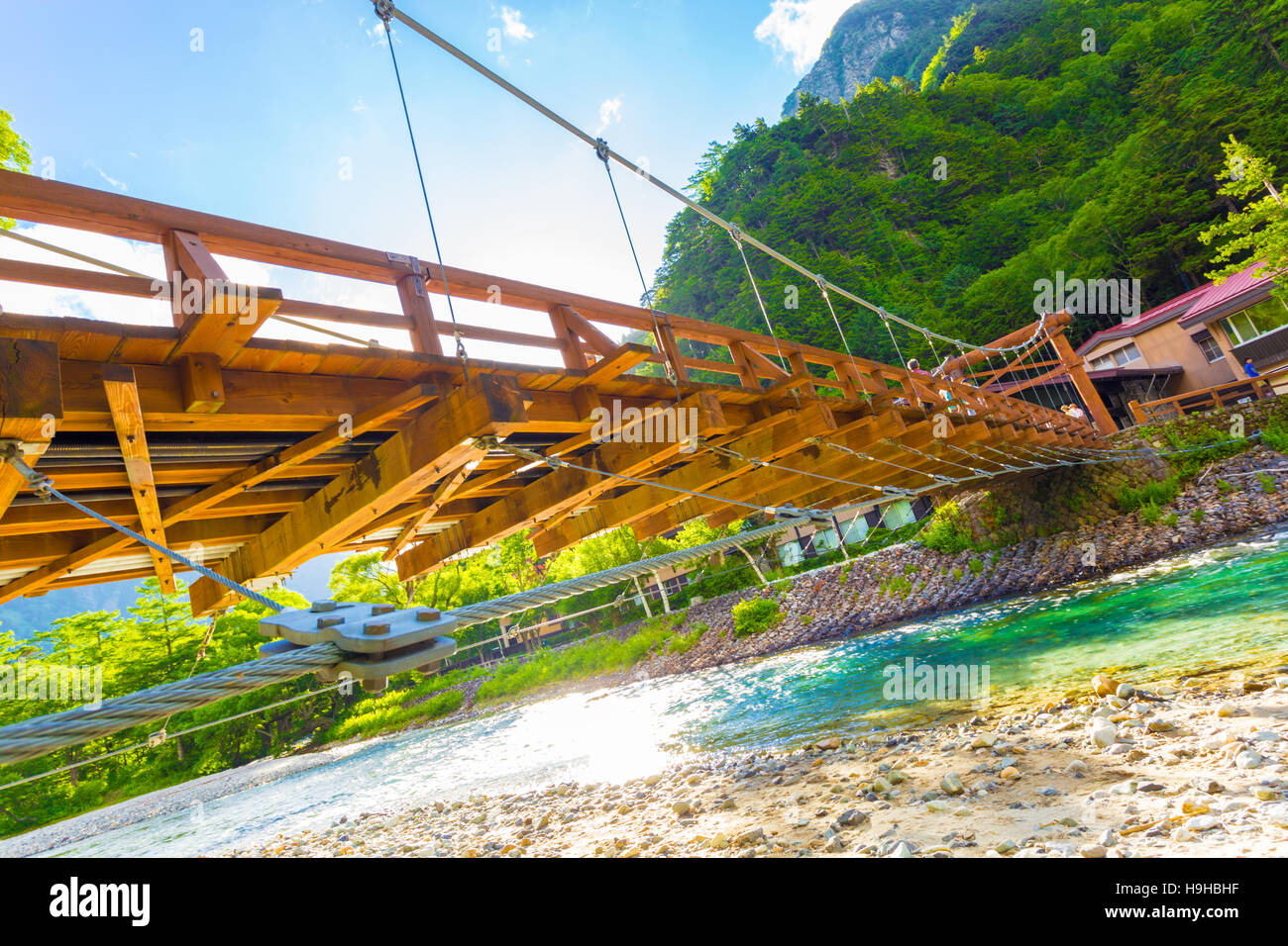 Low angle view from underneath Kappa-Bashi Bridge over the clear water of the Azusa River with mountains and sky in Kamikochi Stock Photo