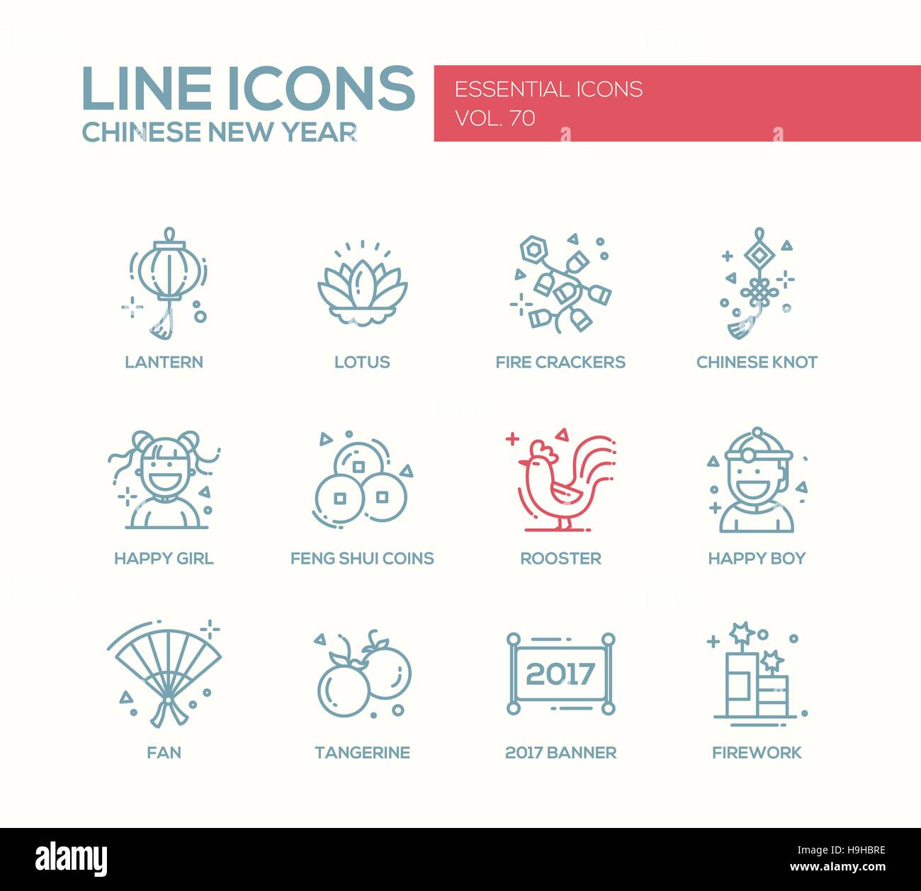 Chinese New Year - set of modern vector line design icons and pictograms. Lantern, lotus, fire crackers, chinese knot, happy girl, boy, feng shui coin Stock Vector