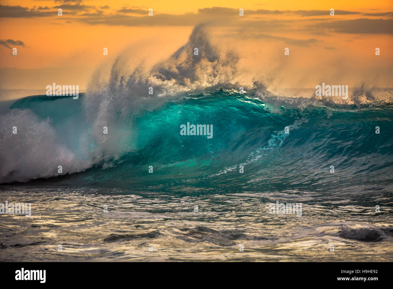 Green blue ocean splashing wave in front of orange sunset sky background Stock Photo