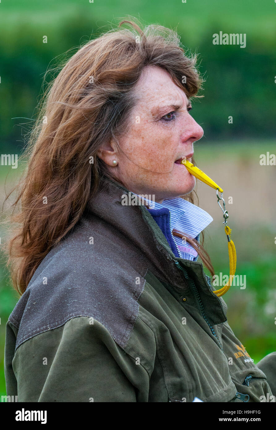 A lady dog handler or owner with a whistle in her mouth at a working dog trial Stock Photo