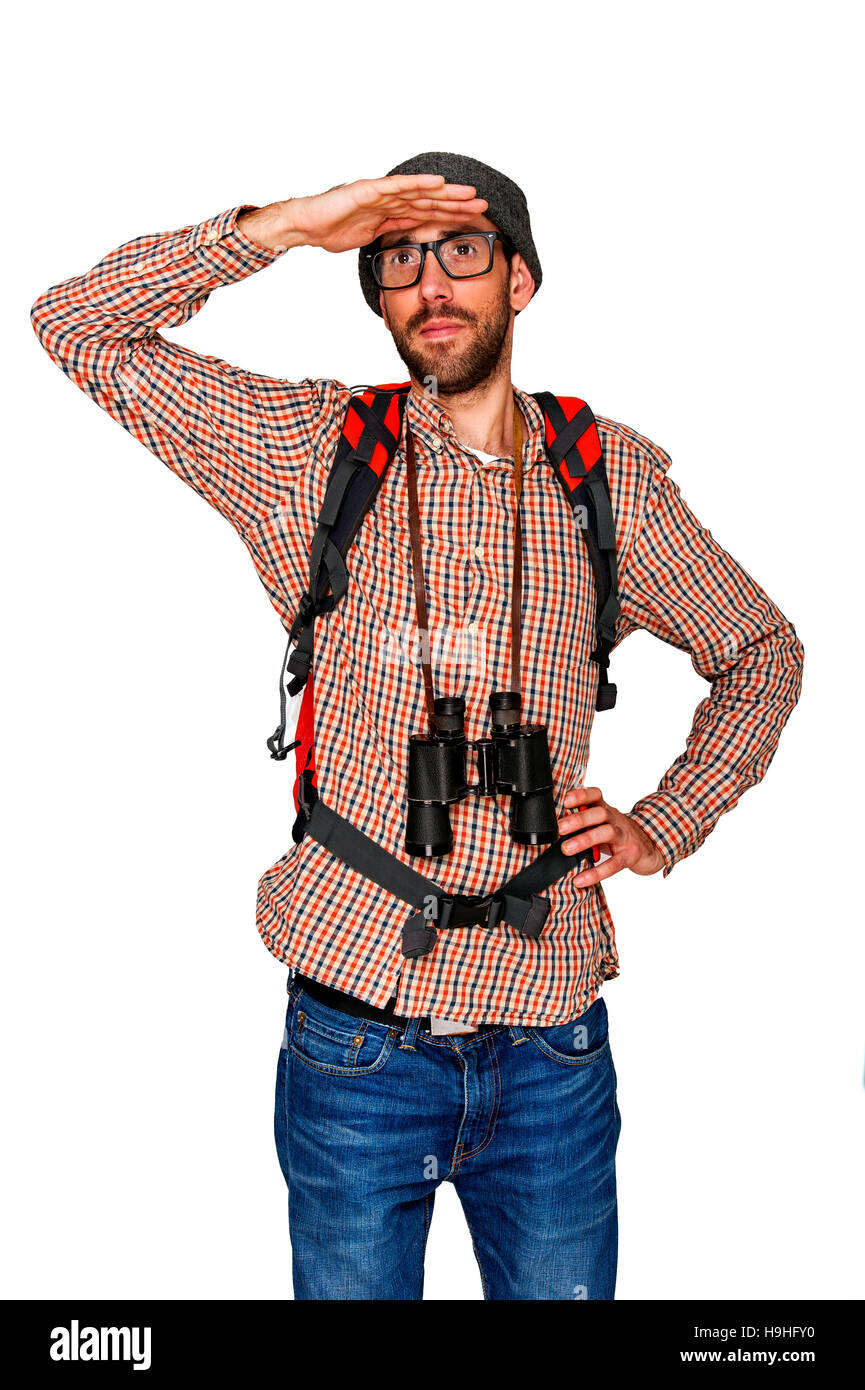 Hiker man tourist. Isolated over white background. Stock Photo